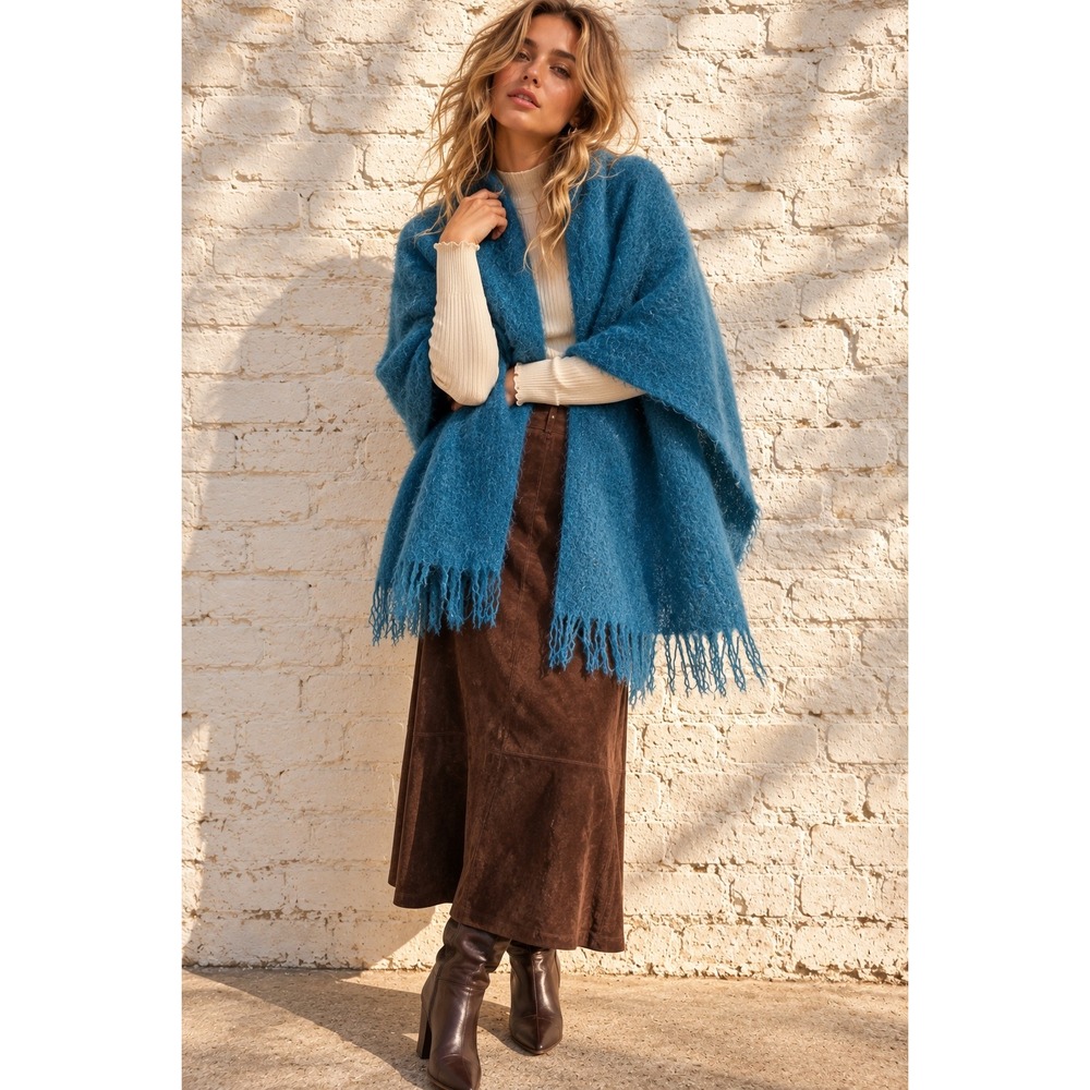 Vintage Jaeger Blue Mohair Scarf Wrap Shawl Fuzzy Fringed Oversized 70s British